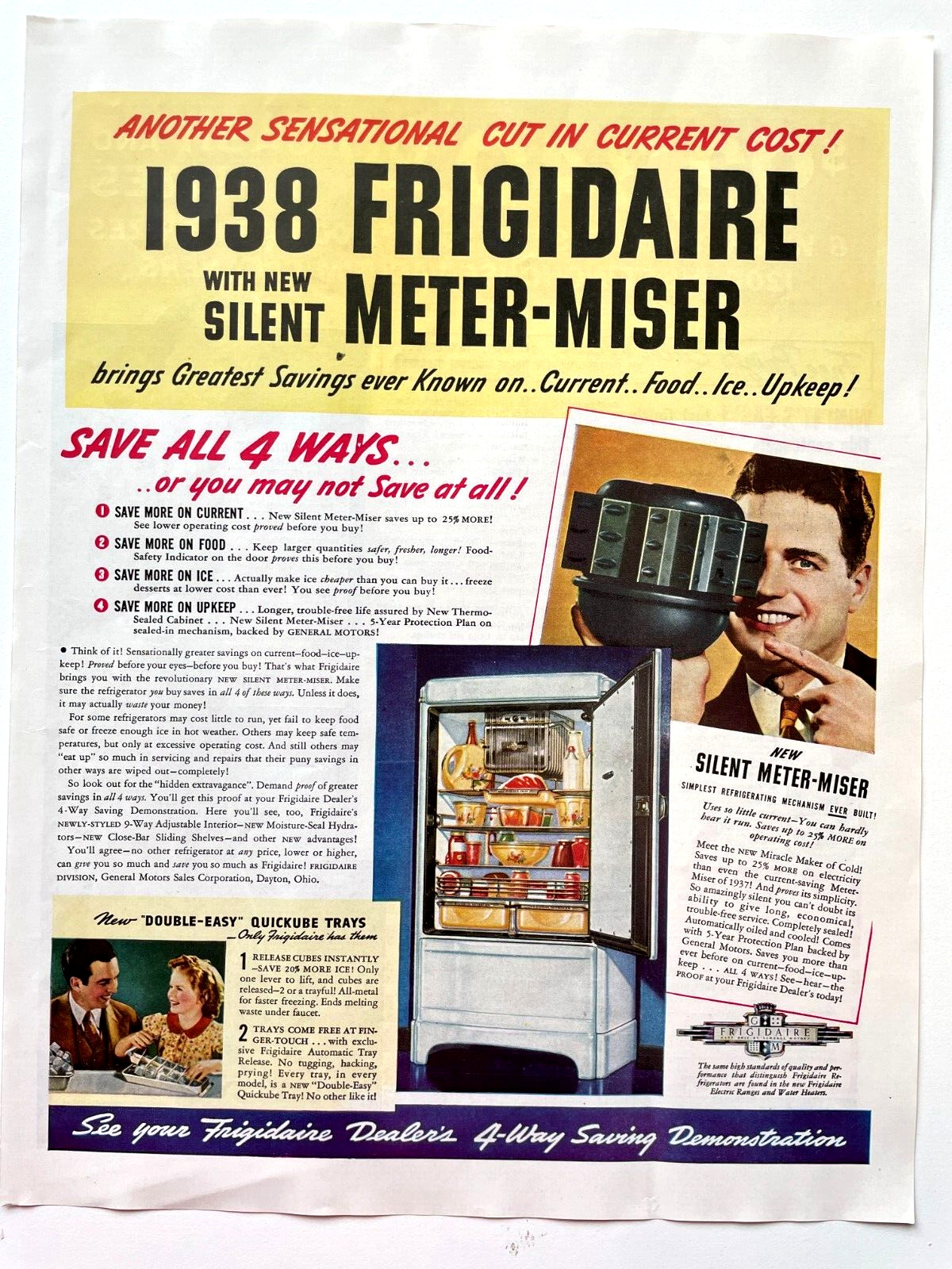 Frigidaire Refrigerators 1938 Meter-Miser Savings Ice Cube Tray Vintage Print Ad