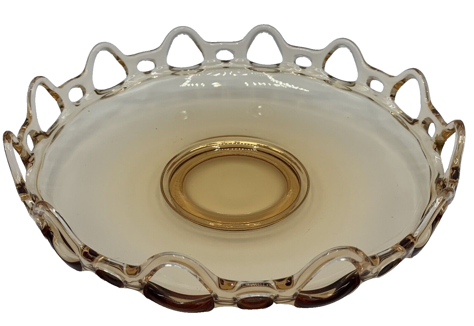 Vintage Amber Glass Serving Bowl Open Lace Trim Serveware Table Decor