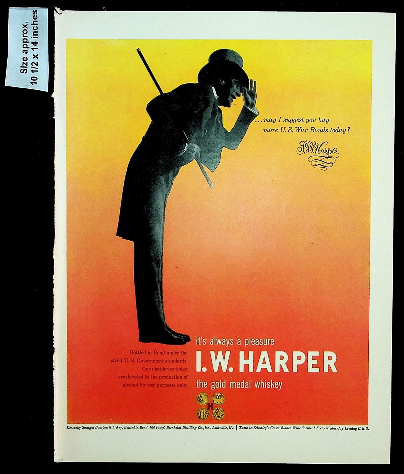 1943 I.W. Harper Gold Medal Whiskey Man U.S. War Bonds Vintage Print Ad 37828