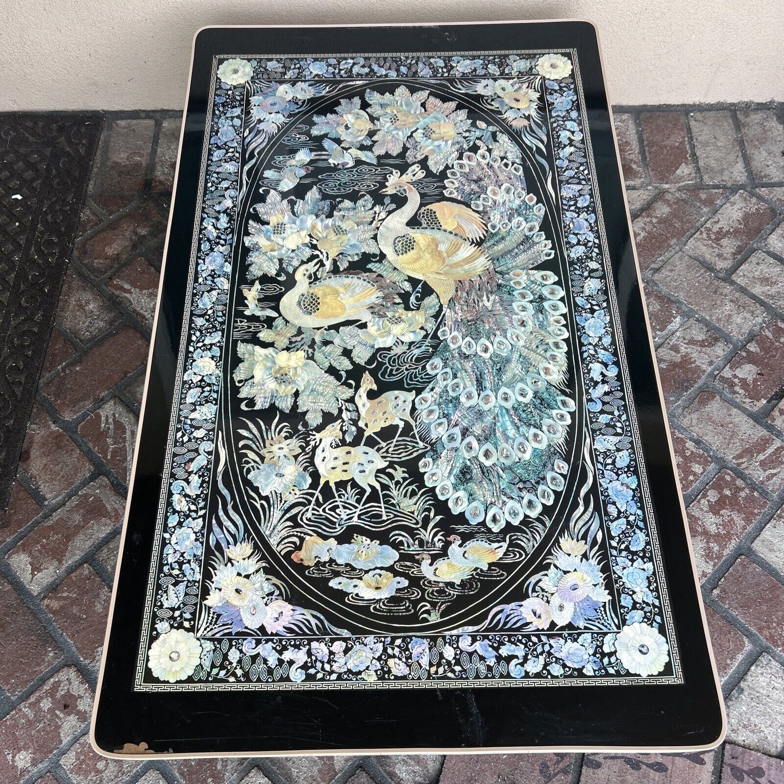 Tea Table Vintage Korean Chinoiserie Mother Of Pearl Inlay, Peacock Low Folding 