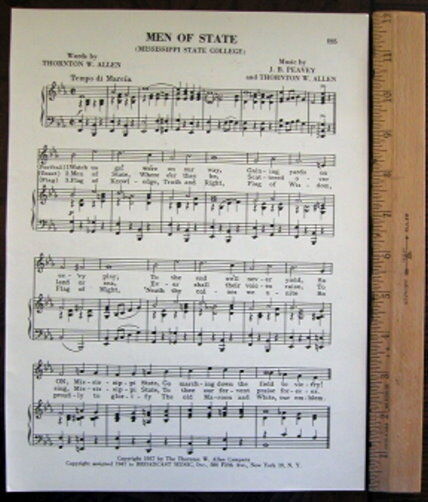 MISSISSIPPI STATE UNIVERSITY Vintage Song Sheet c 1953 