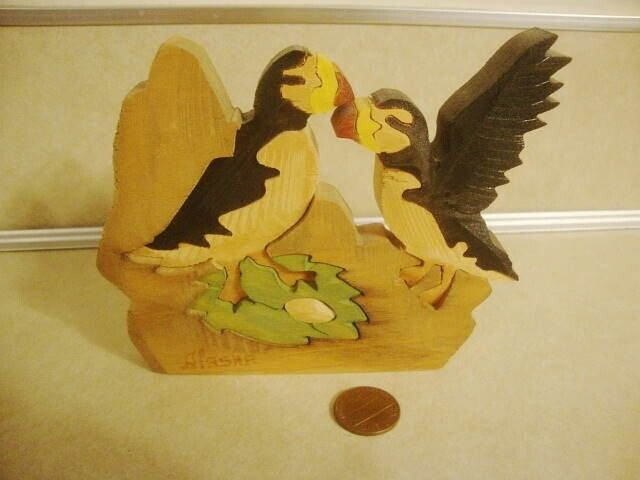 Alaska Hand Carved Wood Puzzle PUFFIN BIRDS Pair Handmade Cabin Collectible