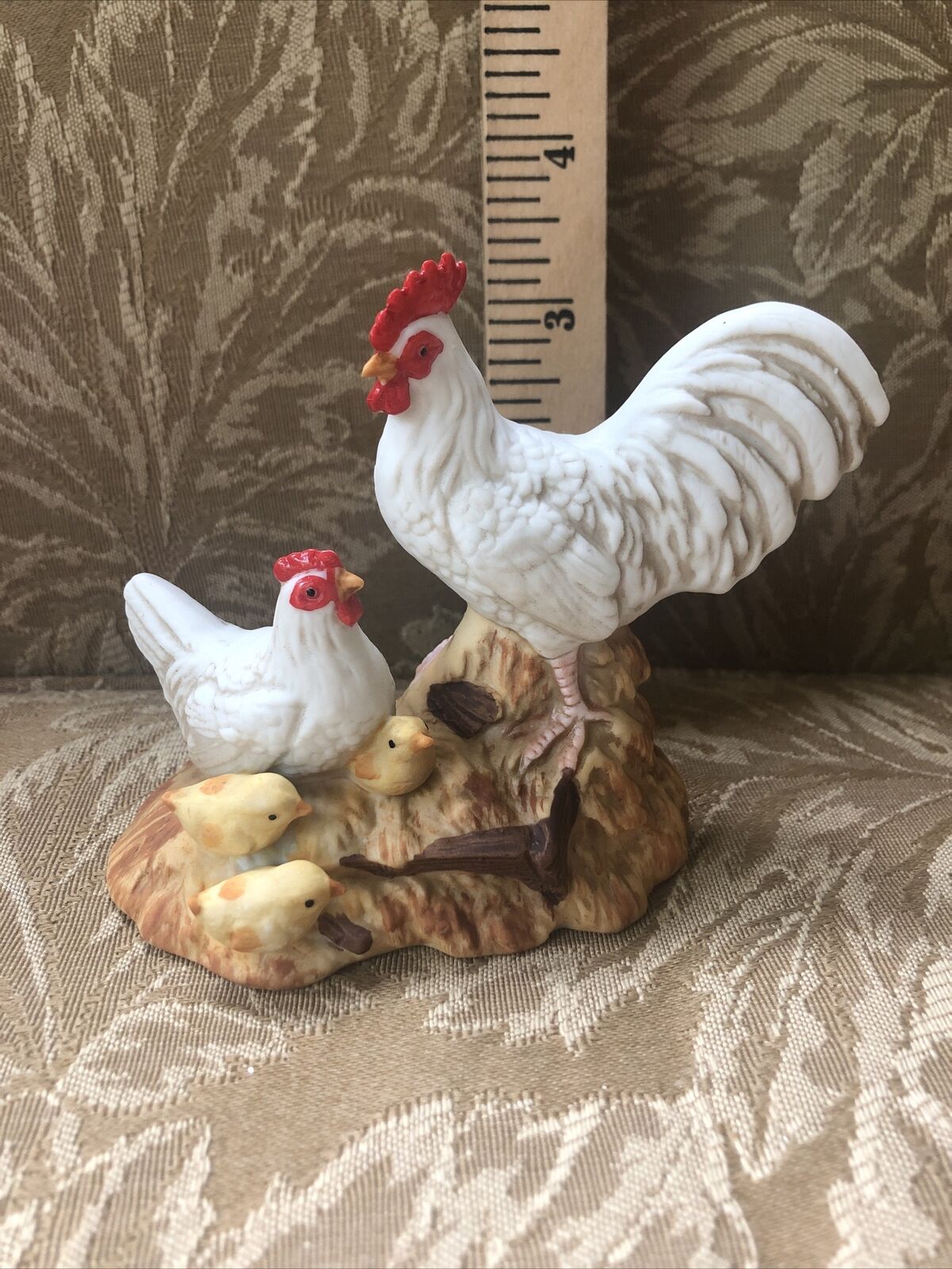 Vtg Homco 1459 Ceramic White Rooster Hen Chicks Chicken Figurine Farmhouse Decor