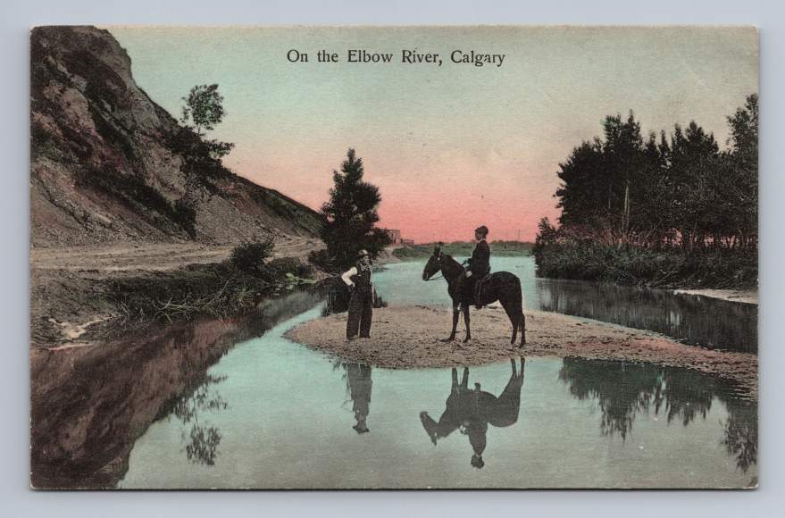 Horse Riding Woman on Elbow River CALGARY Beautiful Antique Hand Colored 1910s