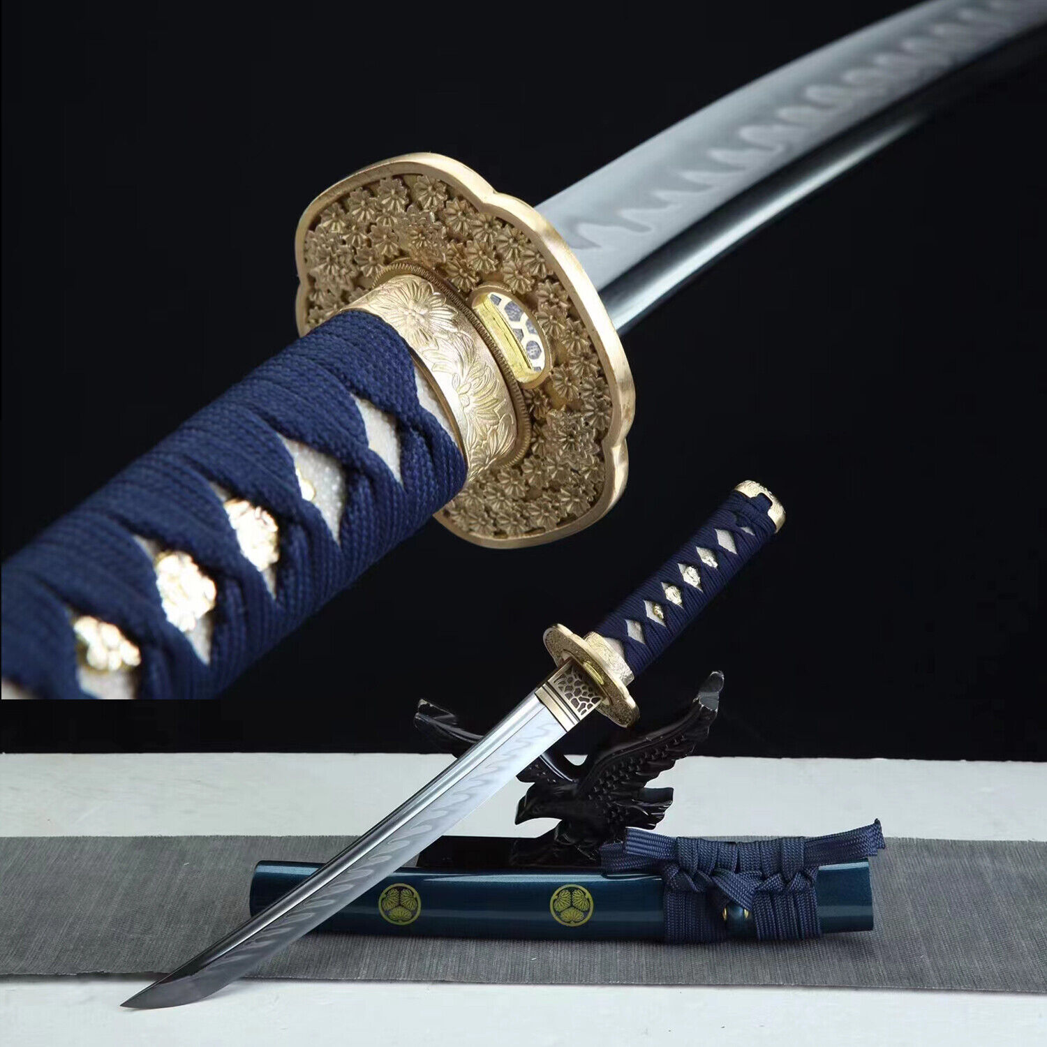 Blue 20'' Tanto T10 Steel Clay Tempered Japanese Samurai Short Sword Mini Katana