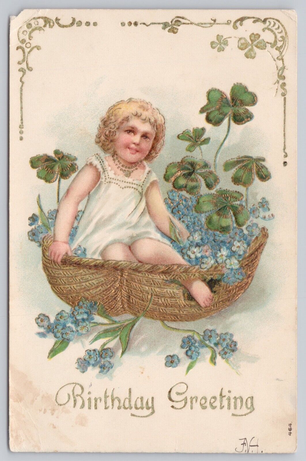 Happy Birthday Greetings, Cute Kid Basket 4 Leaf Clovers, Vintage Postcard