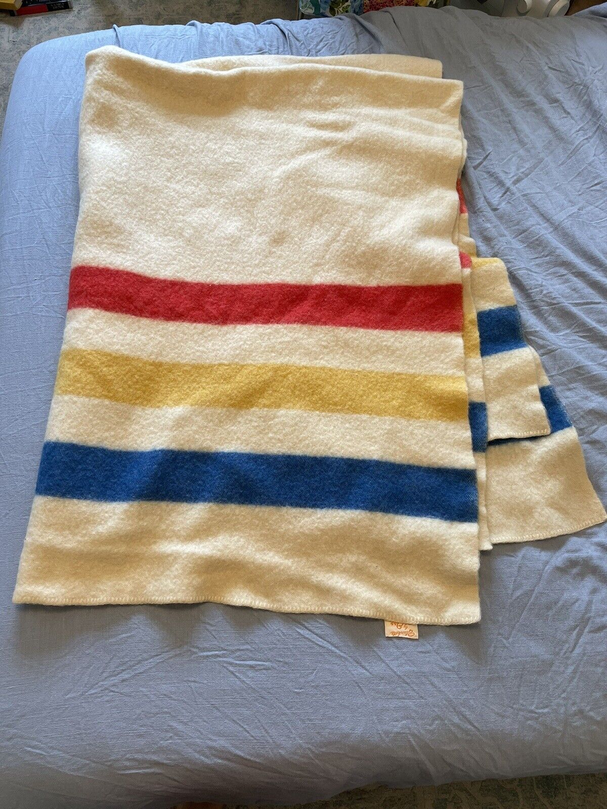 Vintage Orr Felt & Blanket Co. Cream With Blue Yellow & Red Stripes Wool