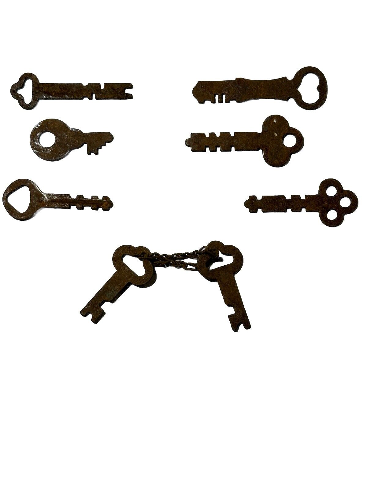 Lot Of 8 Vintage Stamped Steel Padlock Keys Rusty Skeleton Door Pressed Metal