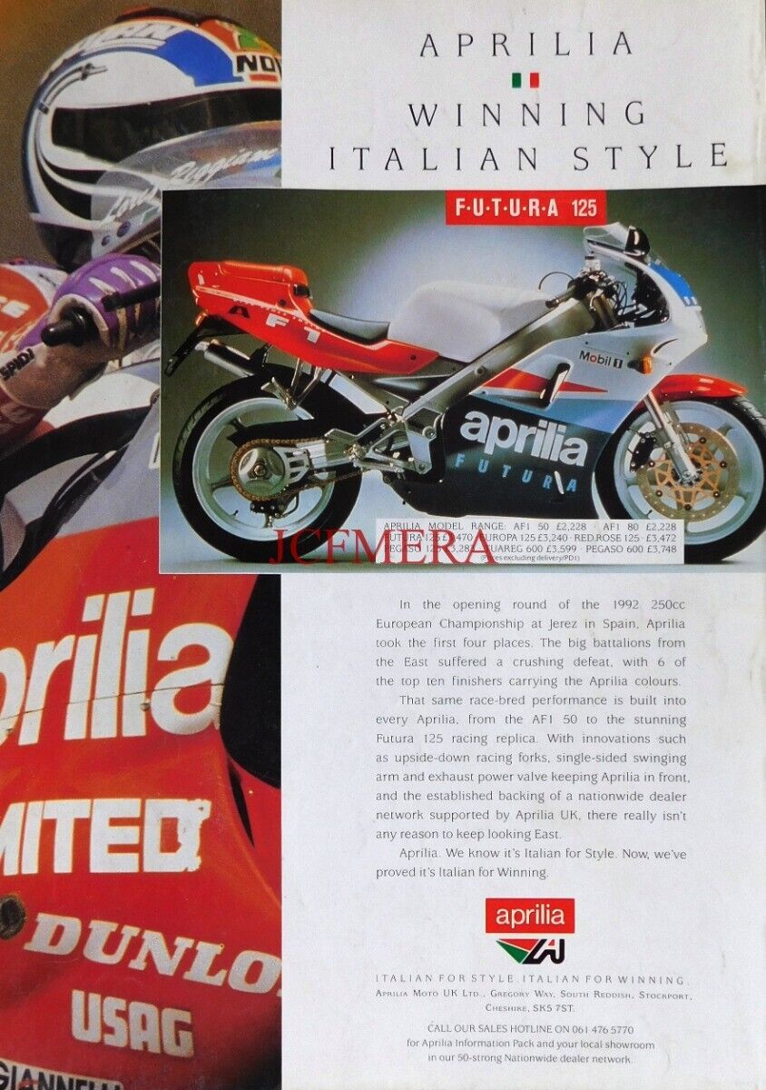 APRILIA 'Futura 125' Motorcycle Vintage ADVERT: Original 1992 Print : 672/141