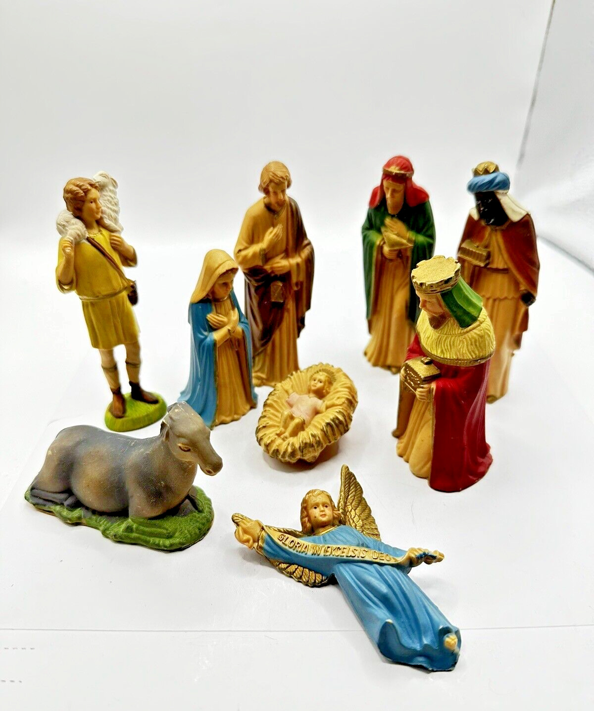 Vintage 1950-60\'s Plastic Nativity Set 9 pieces Made in Hong Kong