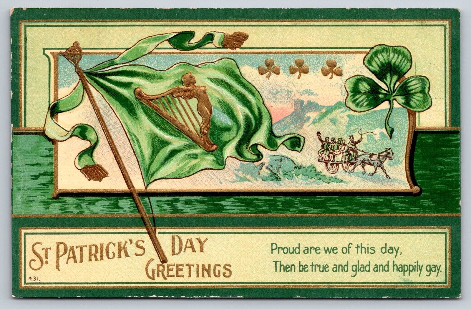 Postcard 1910  ST. PATRICK\'S DAY GREETINGS Embossed Green Harp Flag Carraige 189