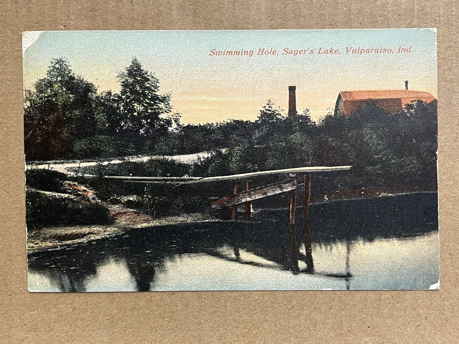 Postcard Valparaiso Indiana Sager\'s Lake Swimming Hole Pier Vintage IN PC