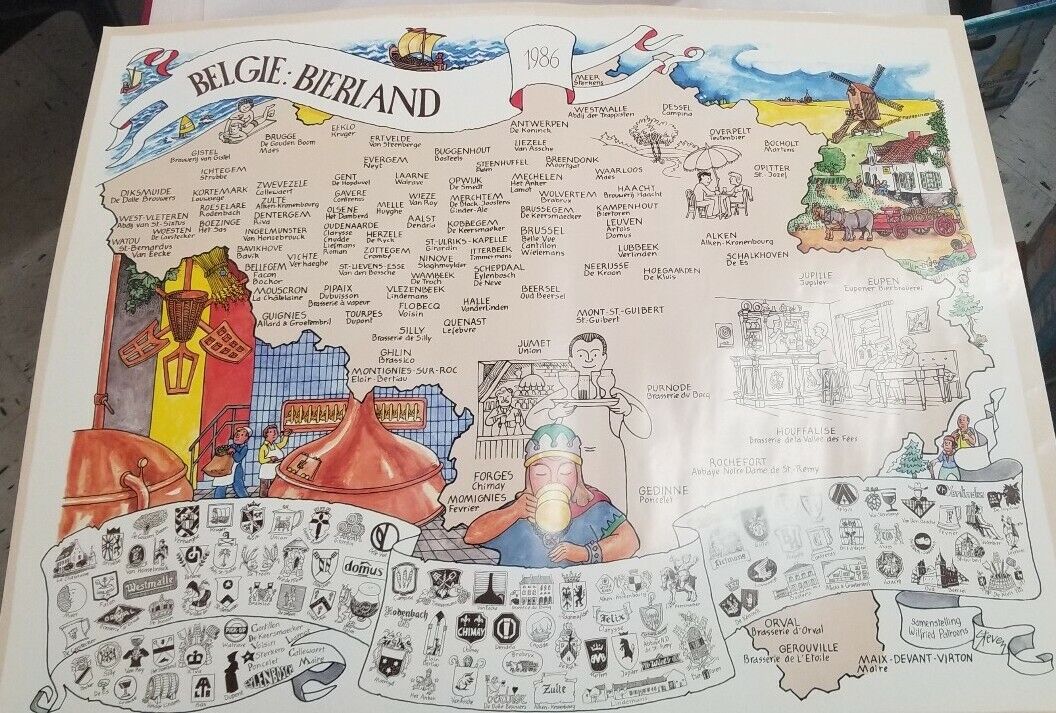 Vintage 1986 Map Of Belgium, Local Beer Makers, Crests, Belgie Bierland 27 x 22
