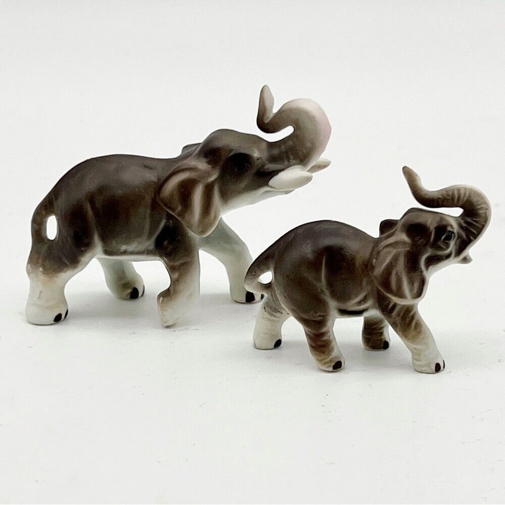 Vintage Bone China Small Elephant Figurines Set of 2 Lucky Trunk Up Japan