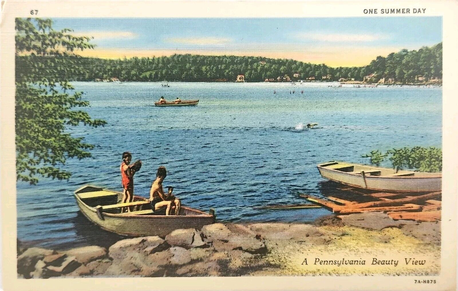 Postcard PA One Summer Day A Pennsylvania Beauty View Lake Kids Boats Scenic