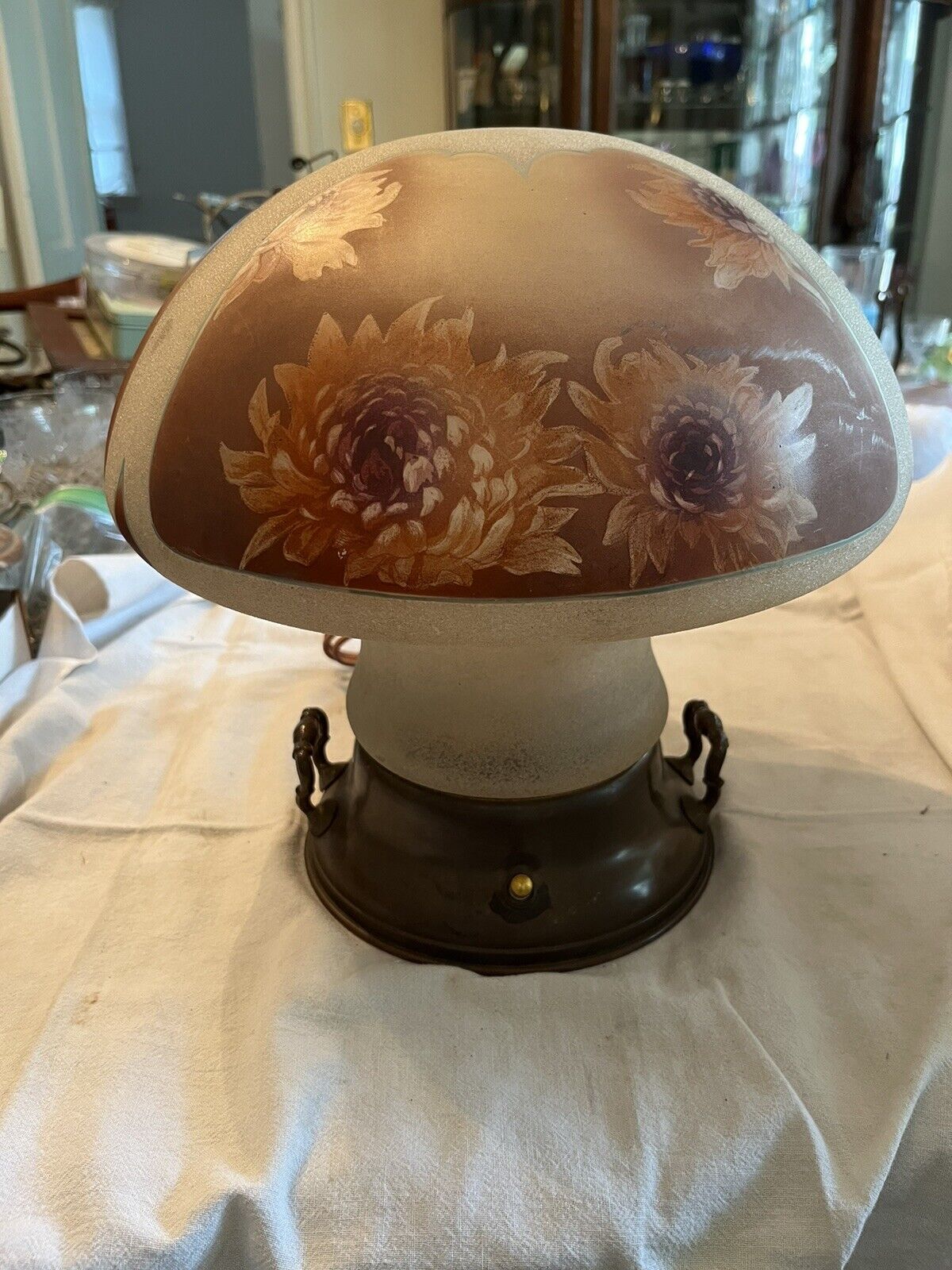 Antique Pittsburgh Obverse Painted Floral Pattern Mushroom Style Table Lamp