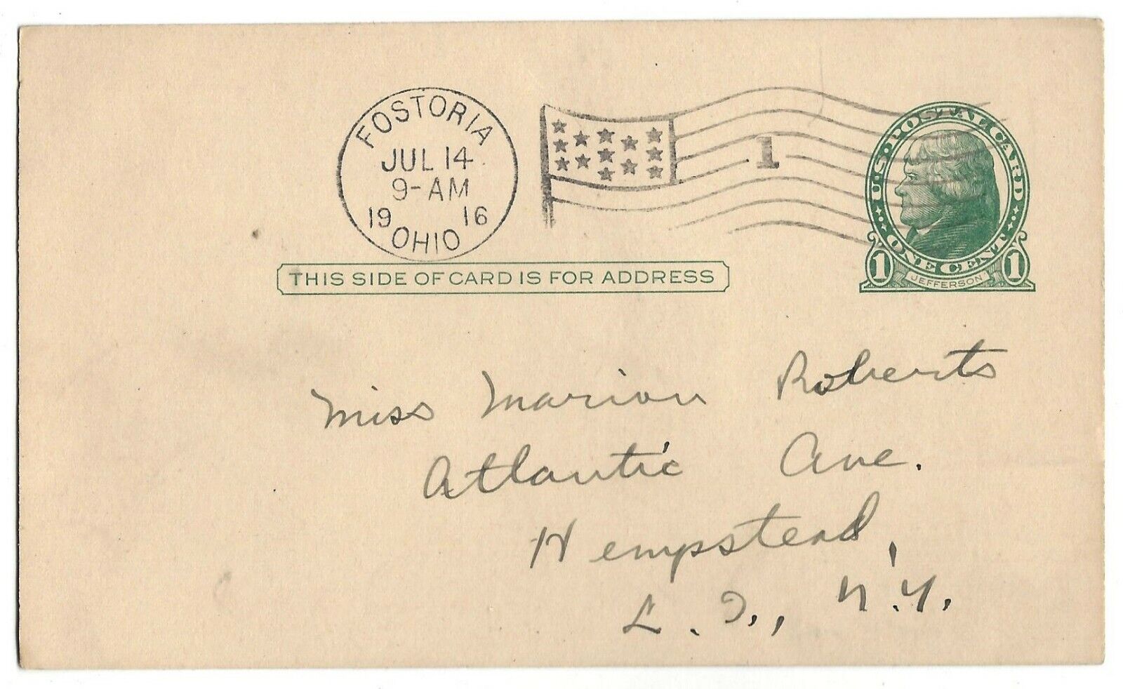 1916 1¢ Postcard, Water Stop, Fostoria Ohio to Hempstead, Long Island, New York,