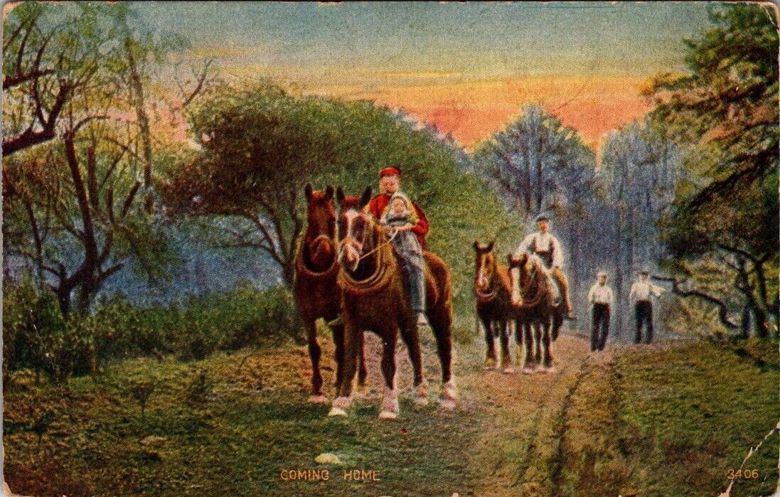 Vintage Postcard Coming Home- Riding Horses Photo - A22