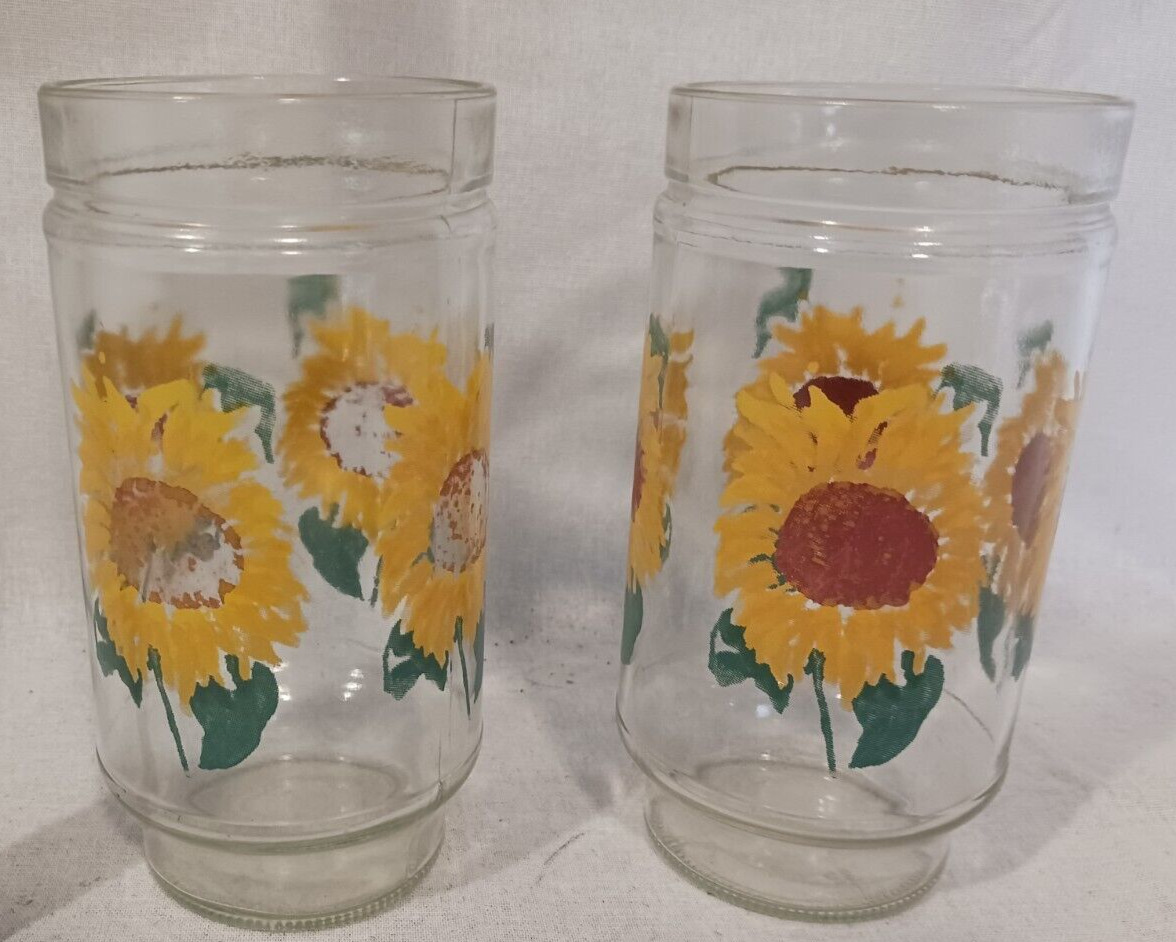 2 Retro Jelly Jar Style Stackable Sunflower Drinking Glasses