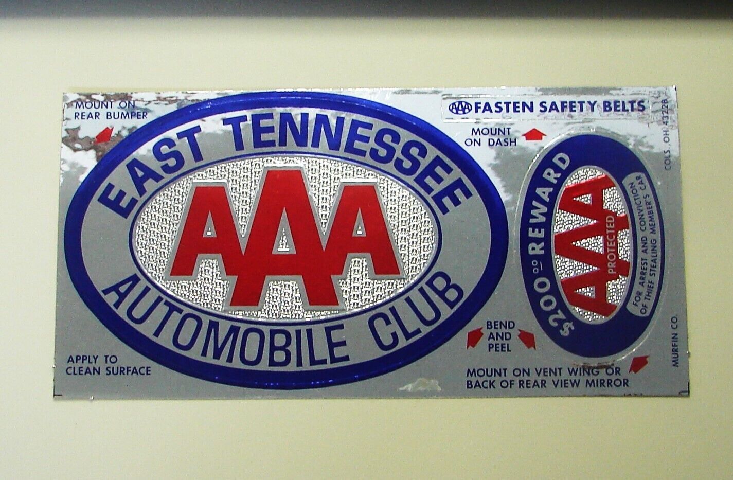 VINTAGE AAA Motor Club EAST TENNESSEE Car Decal Reflect Stickers   UNUSED