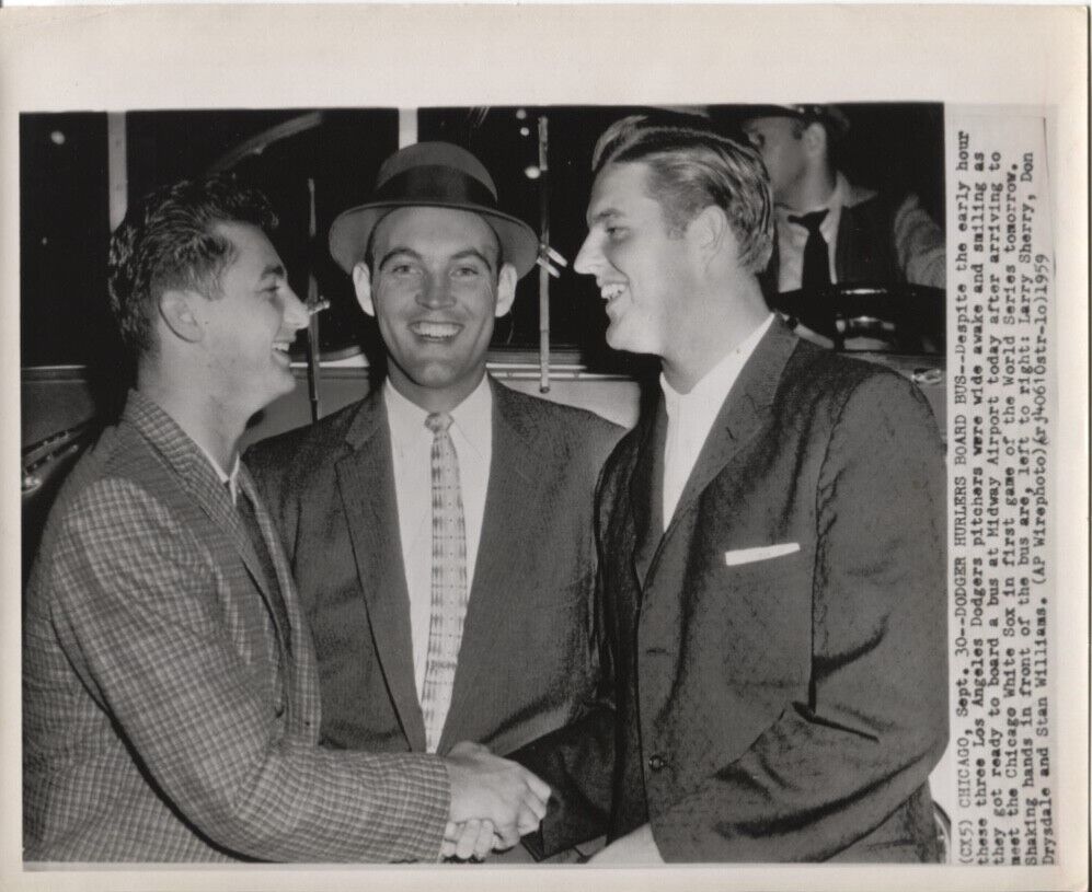 1959 Press Photo LA Dodgers Pitchers Larry Sherry, Don Drysdale, & Stan Williams