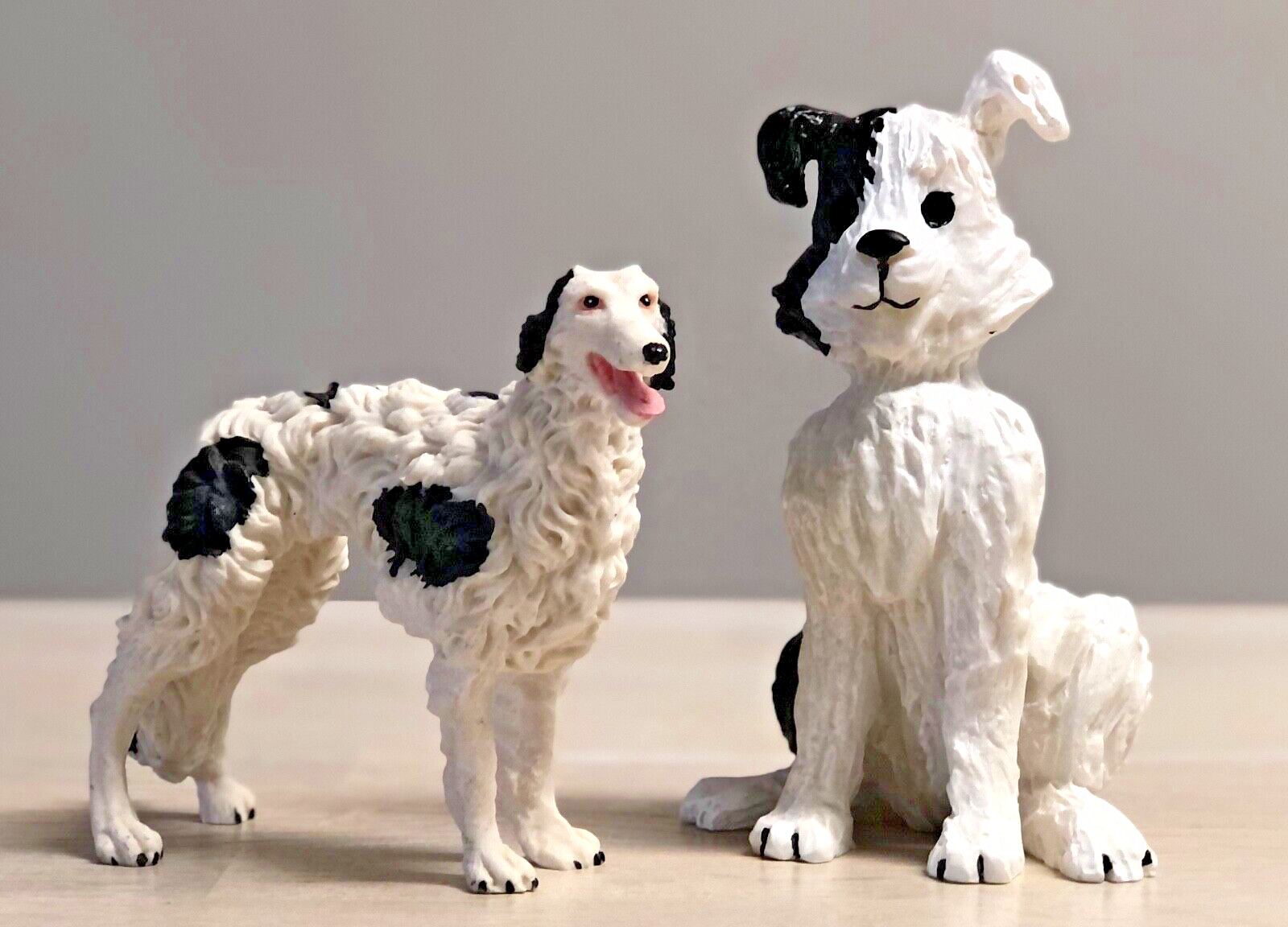 Vintage Black And White Sculpted Detail Borzoi And Jack Russel Dog Figurines
