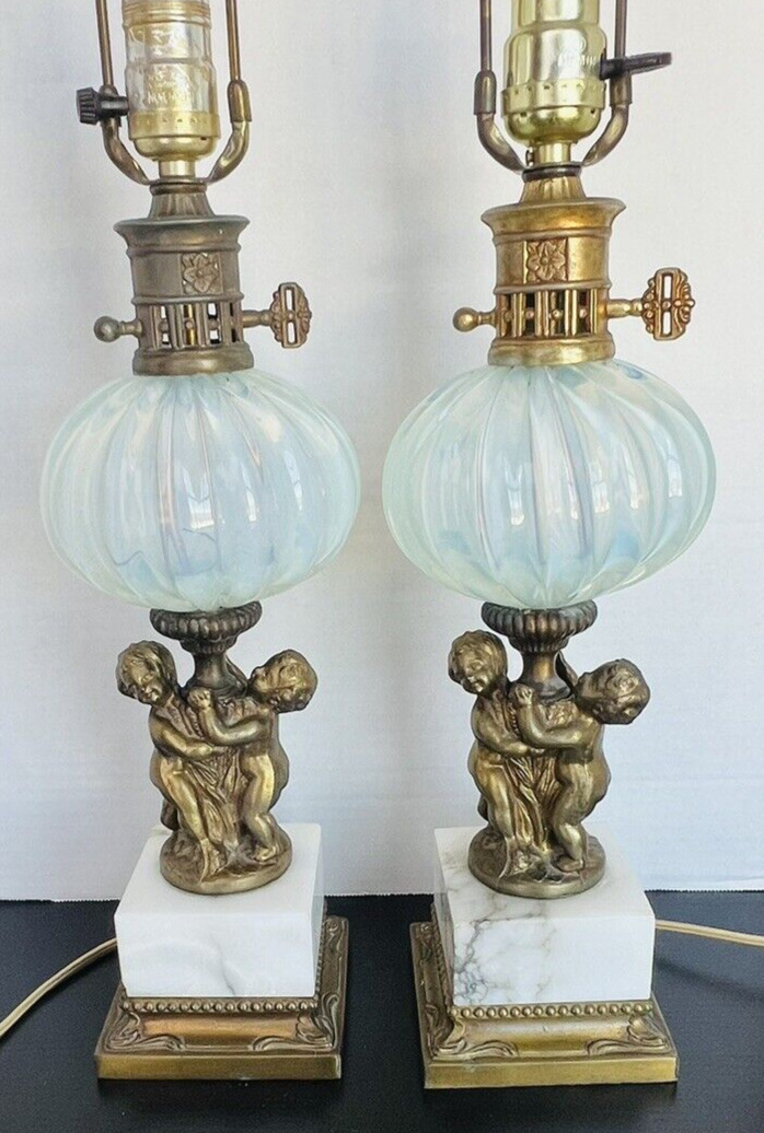 Murano Glass Pair of Italian Table Lamps Cherub Hollywood Regency 28\