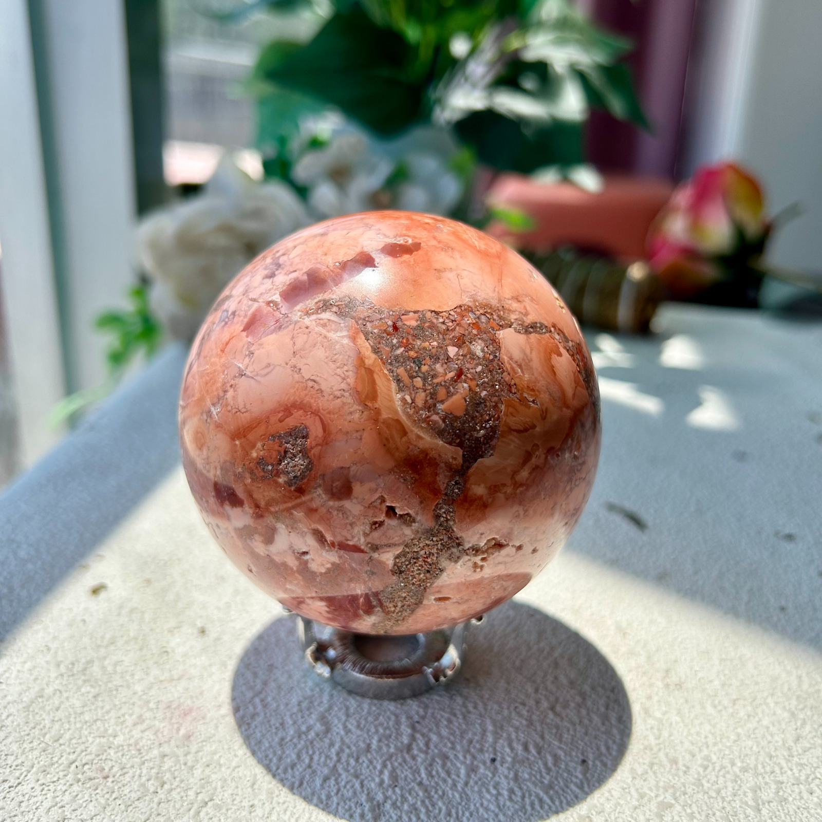 685g 80mm Natural Pink Agate Sphere Ball Quartz Crystal Healing Reiki 3th