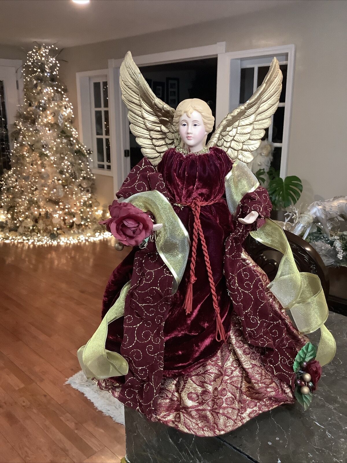 Victorian Elegant Christmas Angel Tree Topper 16 ”Red Velvet Embroidered Gown