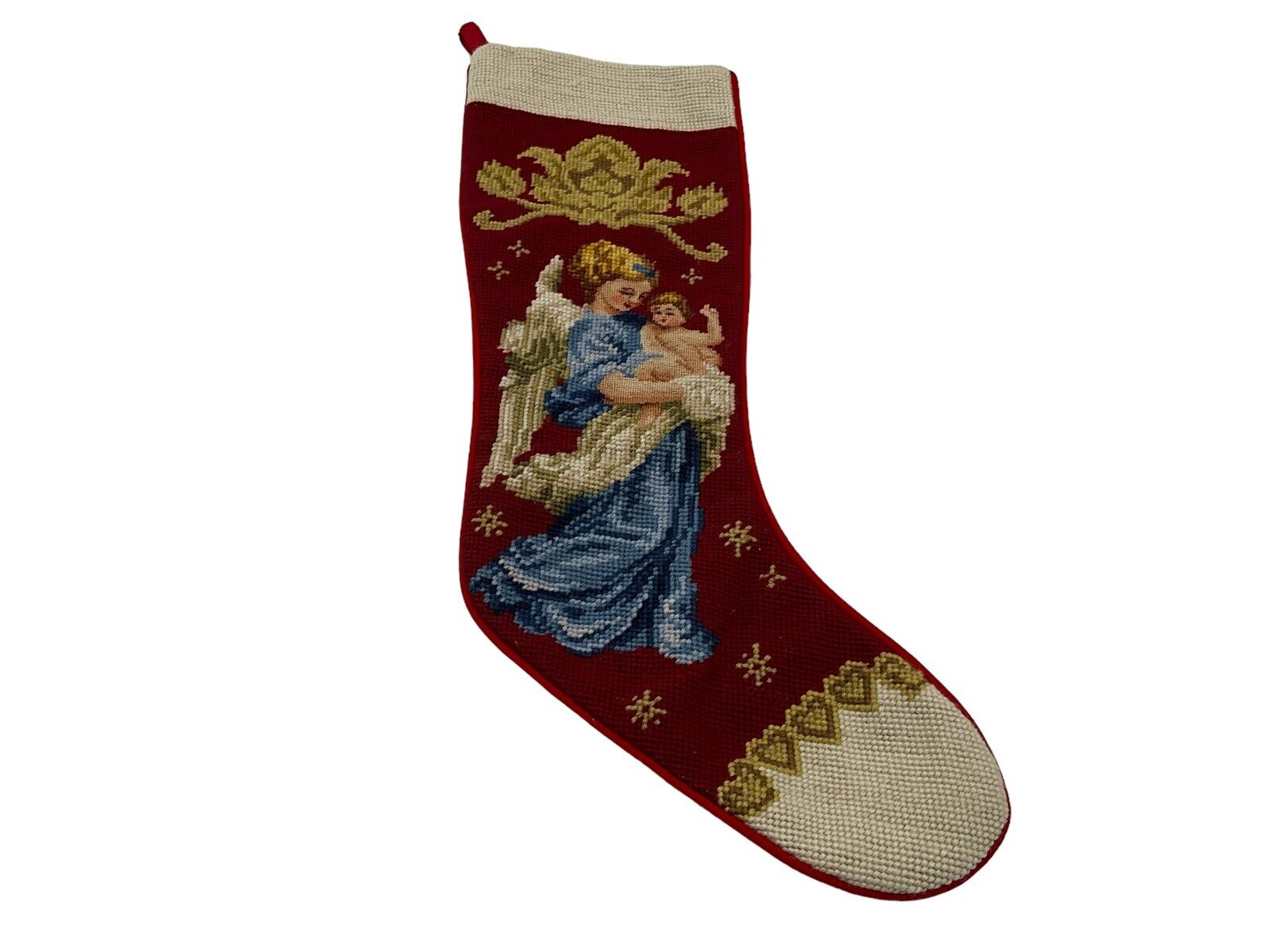 Imperial Elegance Hand Crafted Needlepoint Christmas Stocking with Angel &Child