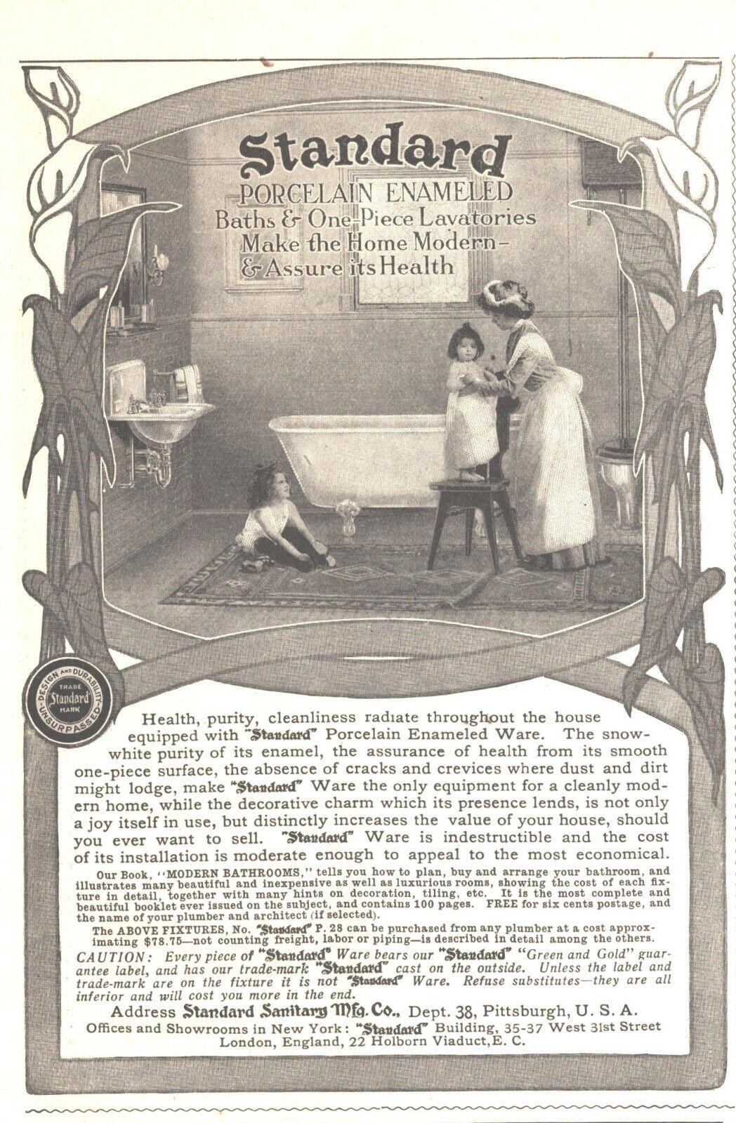 1906 Standard Porcelain Tubs & Toilets Antique Print Ad Mother Daughters Bath
