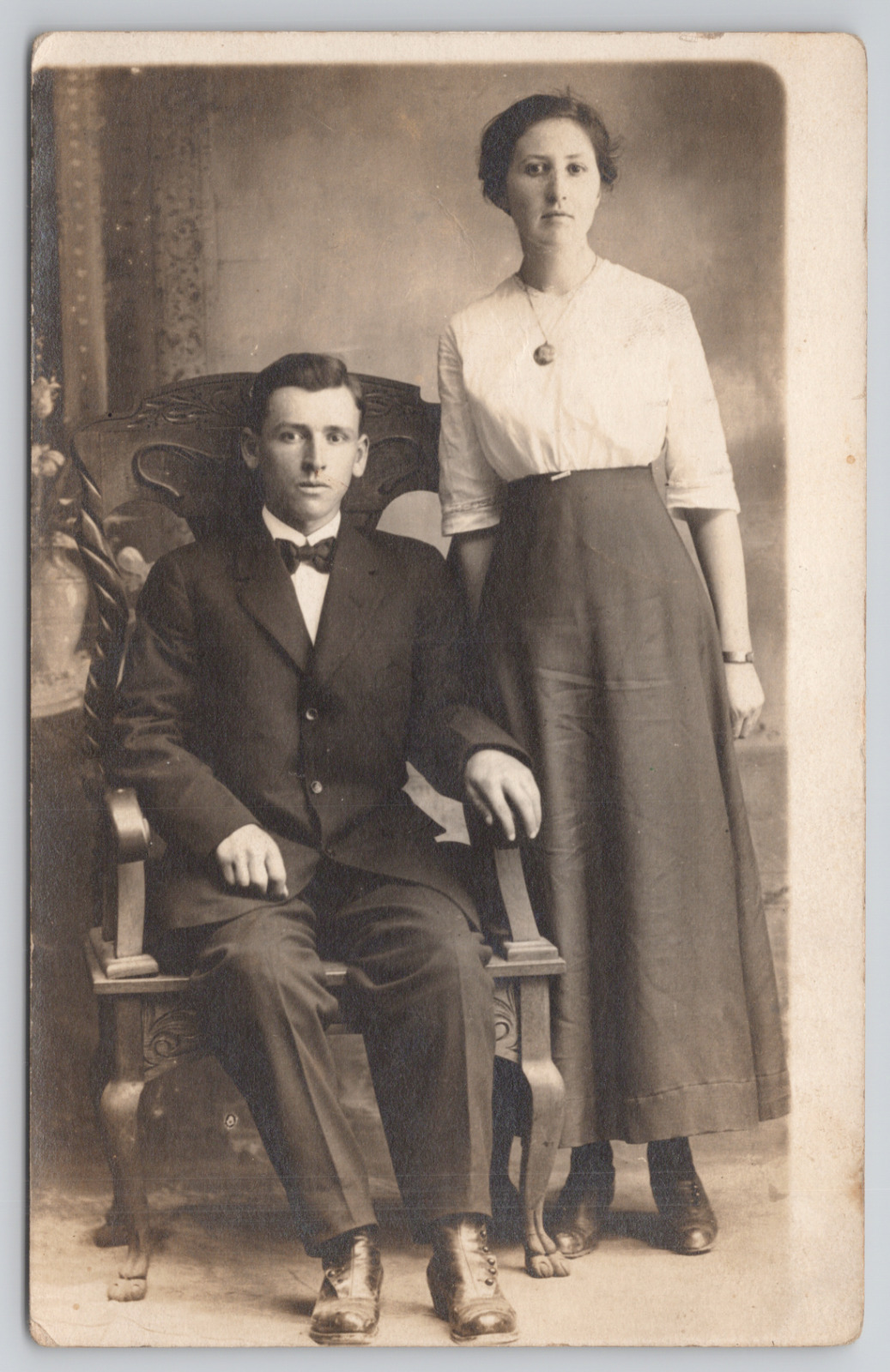 RPPC Young Couple Studio Portrait Mabel and Roy Posted 1913 Real Photo Postcard