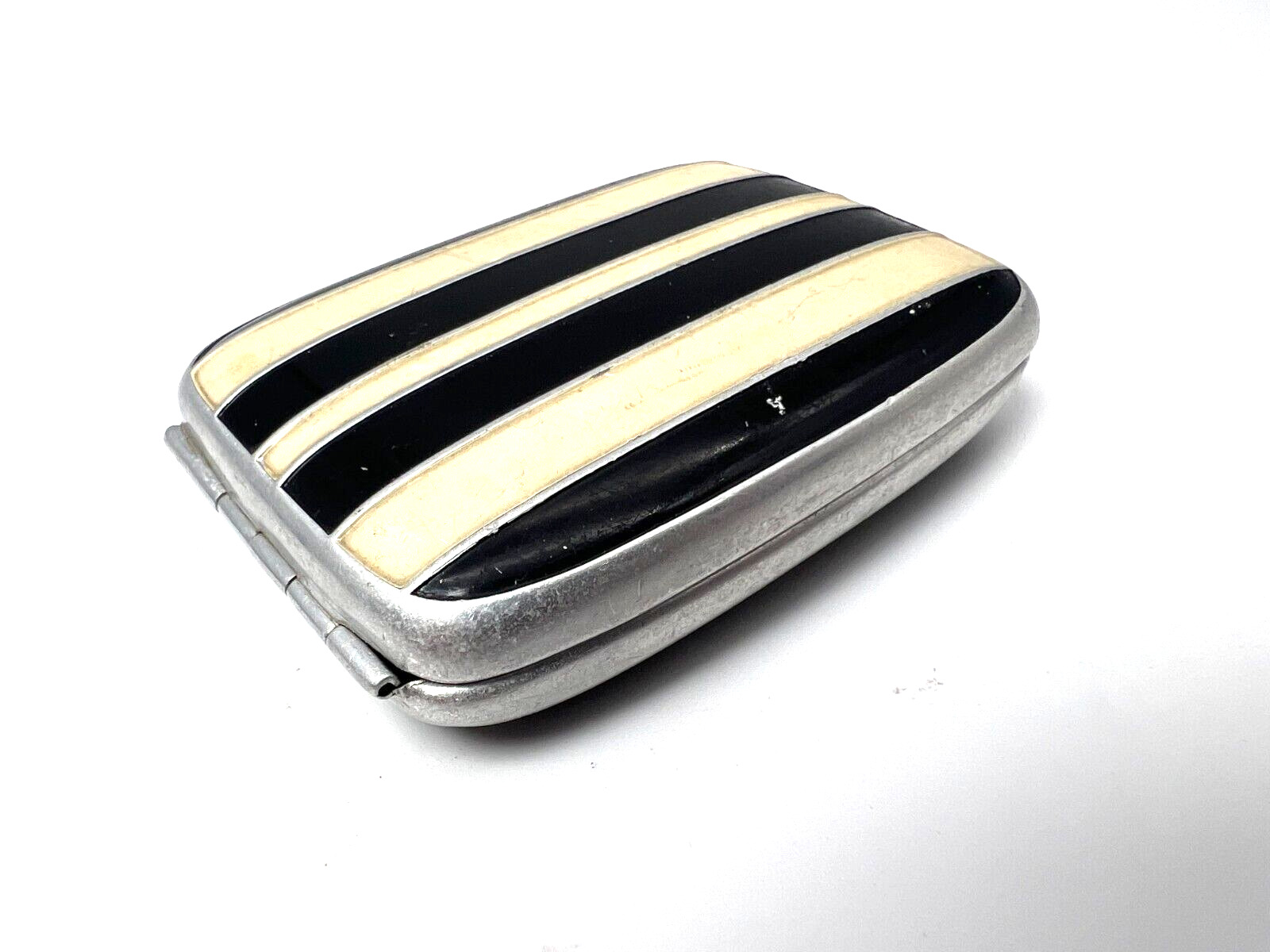 Vintage French Art Deco Striped Metal Pill Container