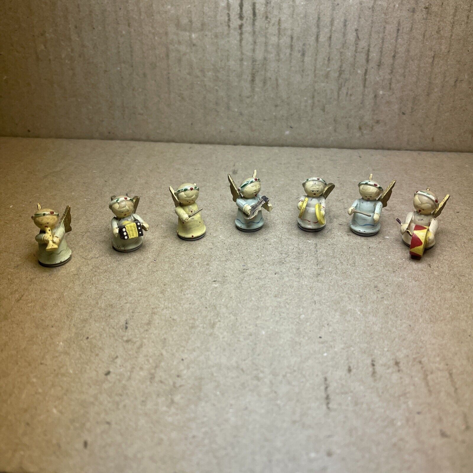7 Miniature Mini Wood Wooden Angel Figurines Hand Painted Band Orchestra 1” HT
