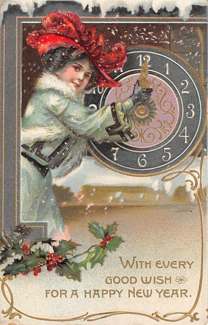 EMB NEW YEAR PC ~ WOMAN N GREEN OUTFIT WITH RED HAT, CLOCK, TUCK PUB used 1909