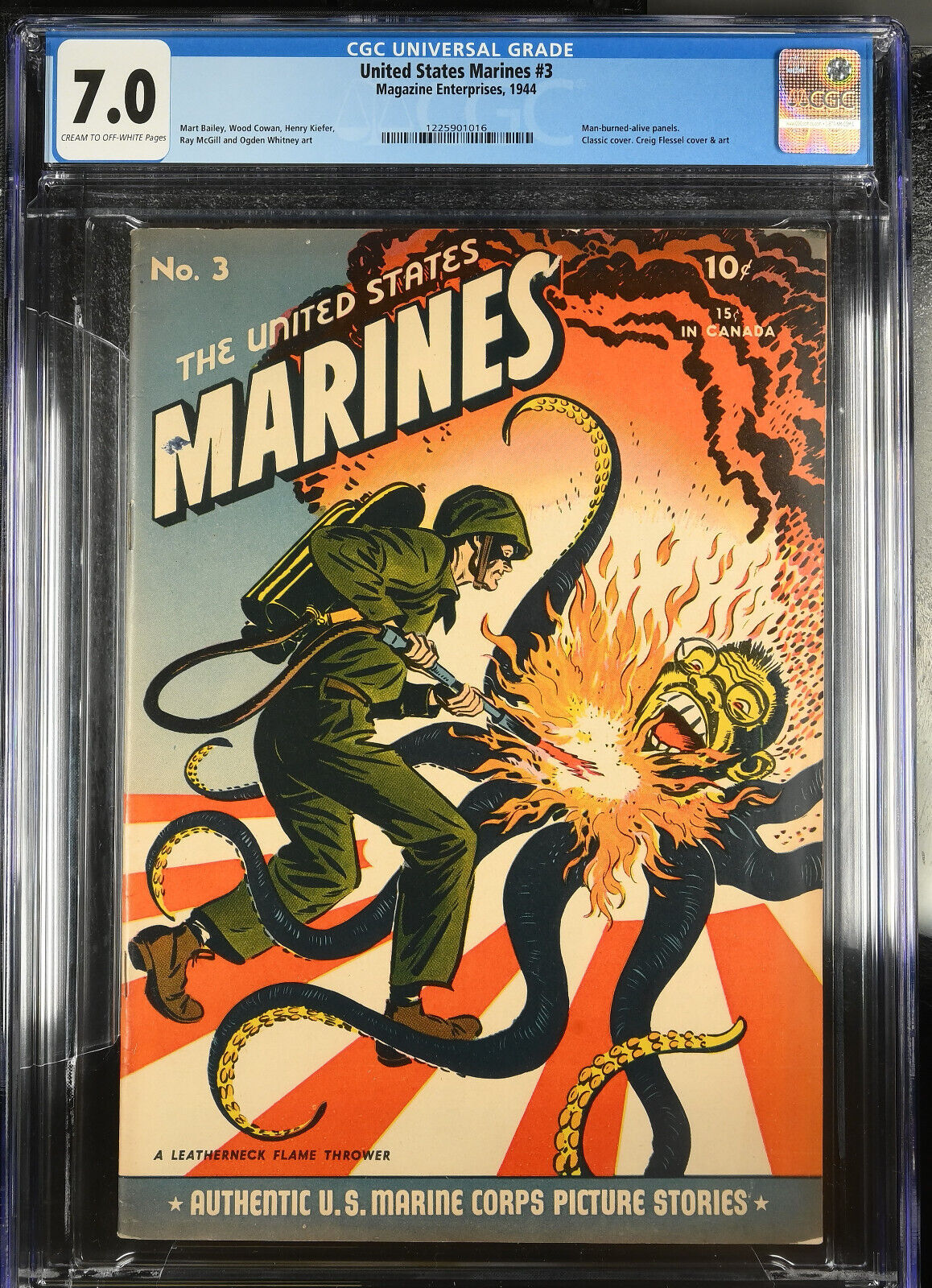 THE UNITED STATES MARINES #3 1944 CGC 7.0 /CLASSIC WW2 COVER FLAMETHROWER & TOJO