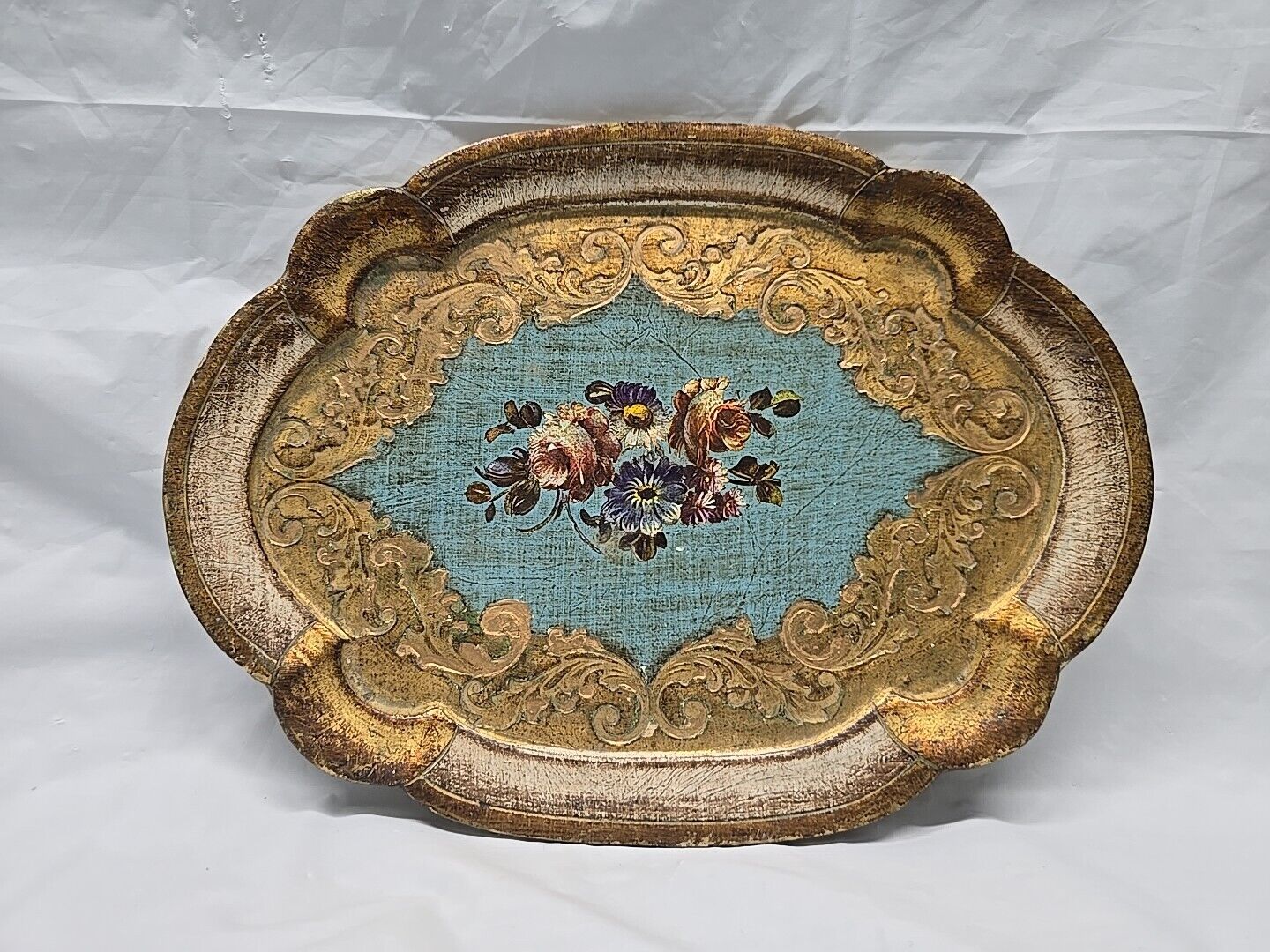 Vintage Italian Florentine Tray Gold Gilt Handpainted Floral Small