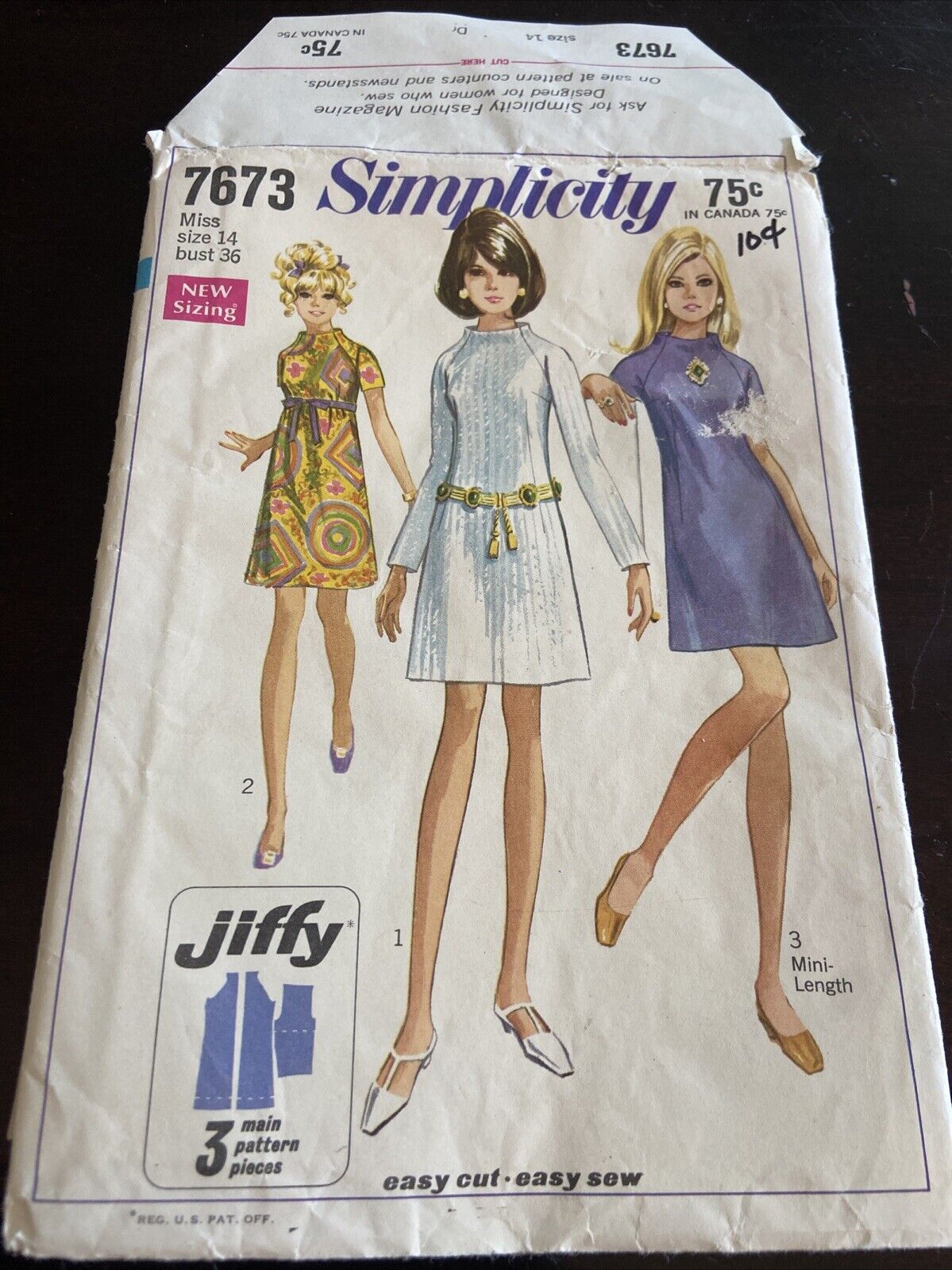 SIMPLICITY 7673 Misses Jiffy Dress Size 14 Bust 36” Hippie Uncut Back Zipper