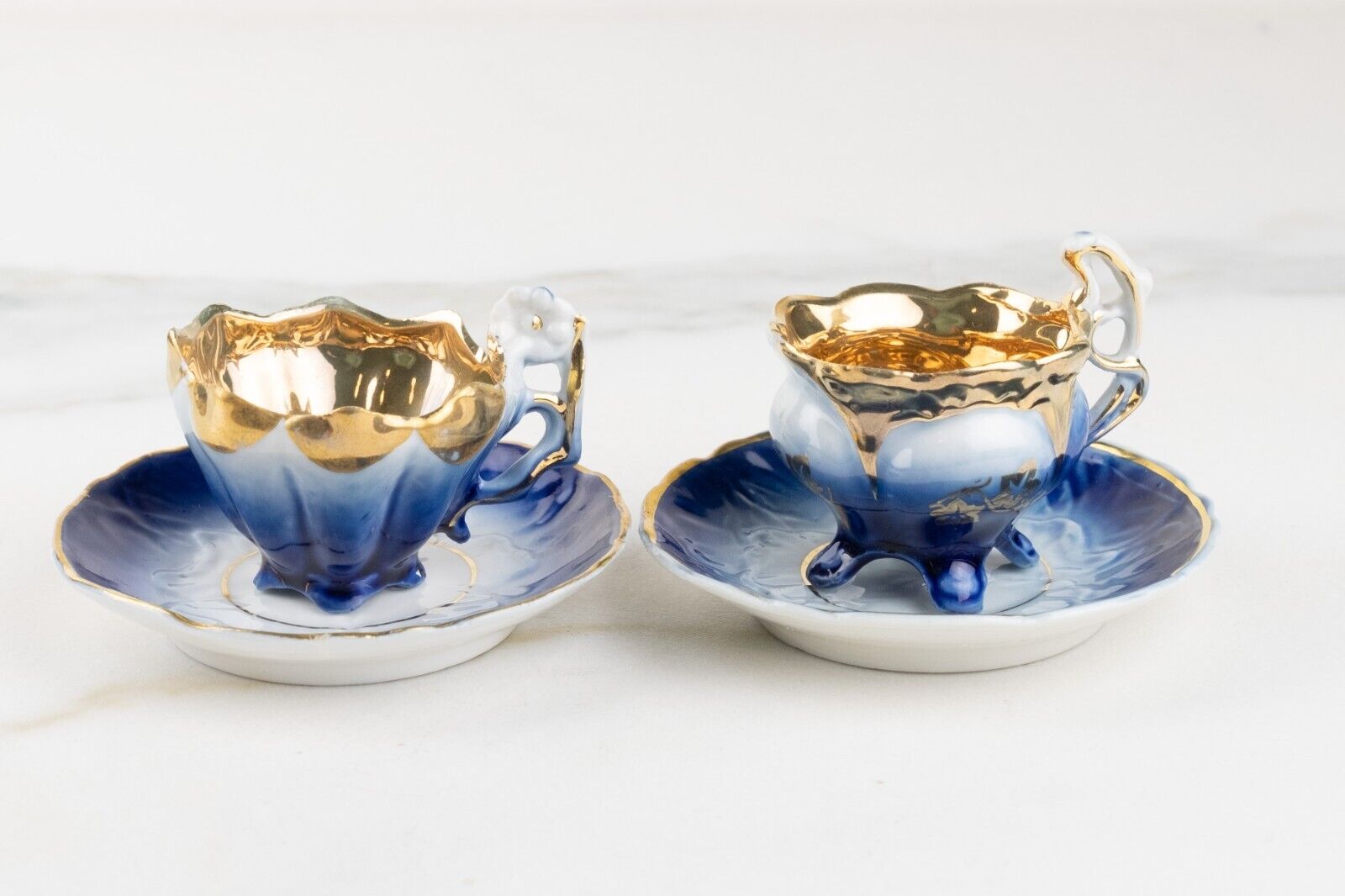 2 Set VTG miniature Victorian Flow Blue Porcelain Cup w/Saucer Gold Interior