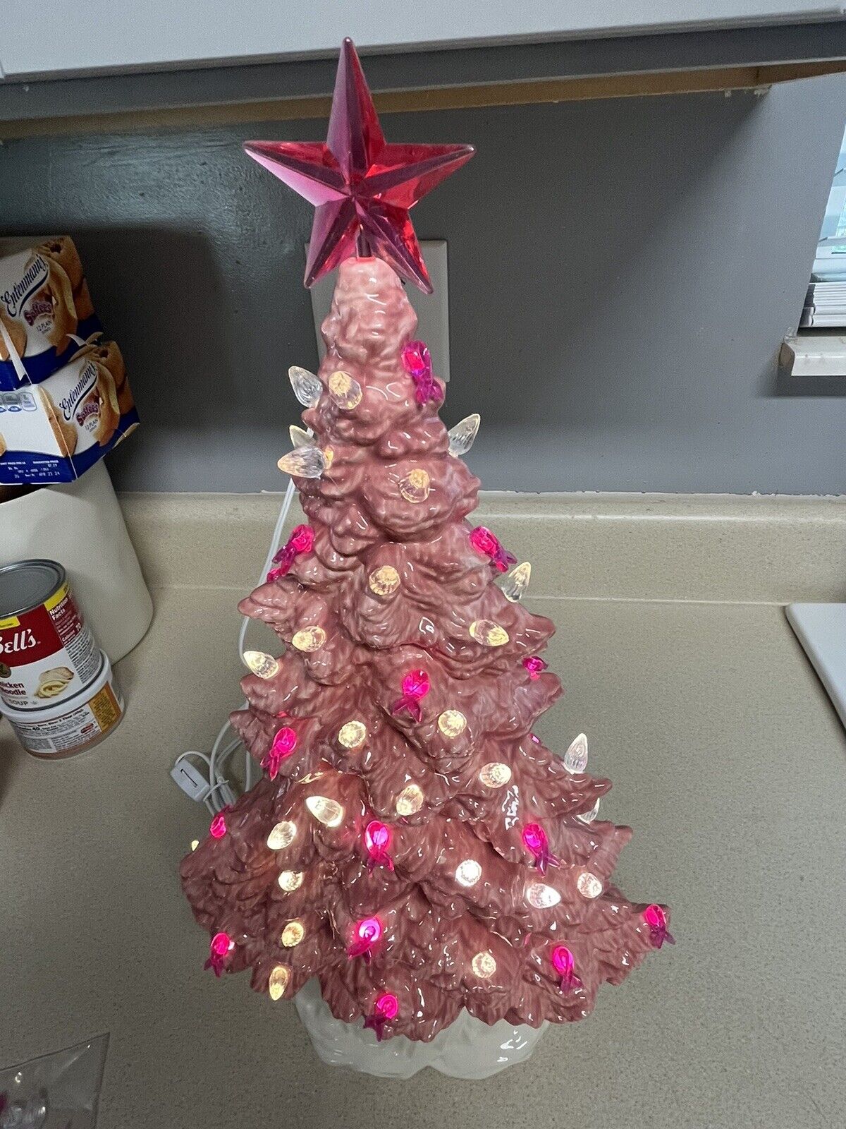 Ceramic Christmas  Tree, Pretty In Pink ,Cancer Support With Pink Ribbon Lights