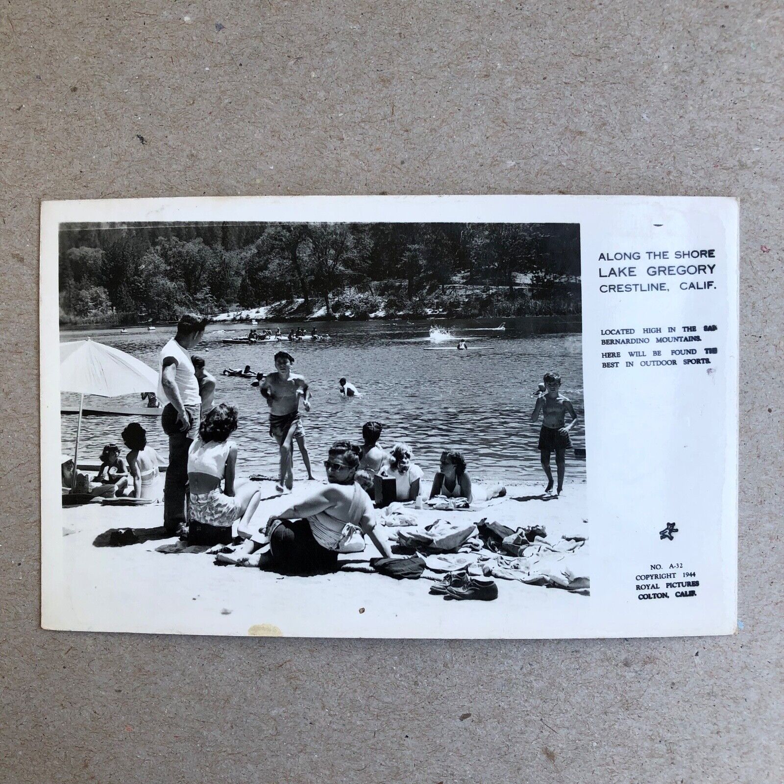 RPPC Lake Gregory Crestline CA. Lake Scene People Beach 1944 Vintage Postcard T