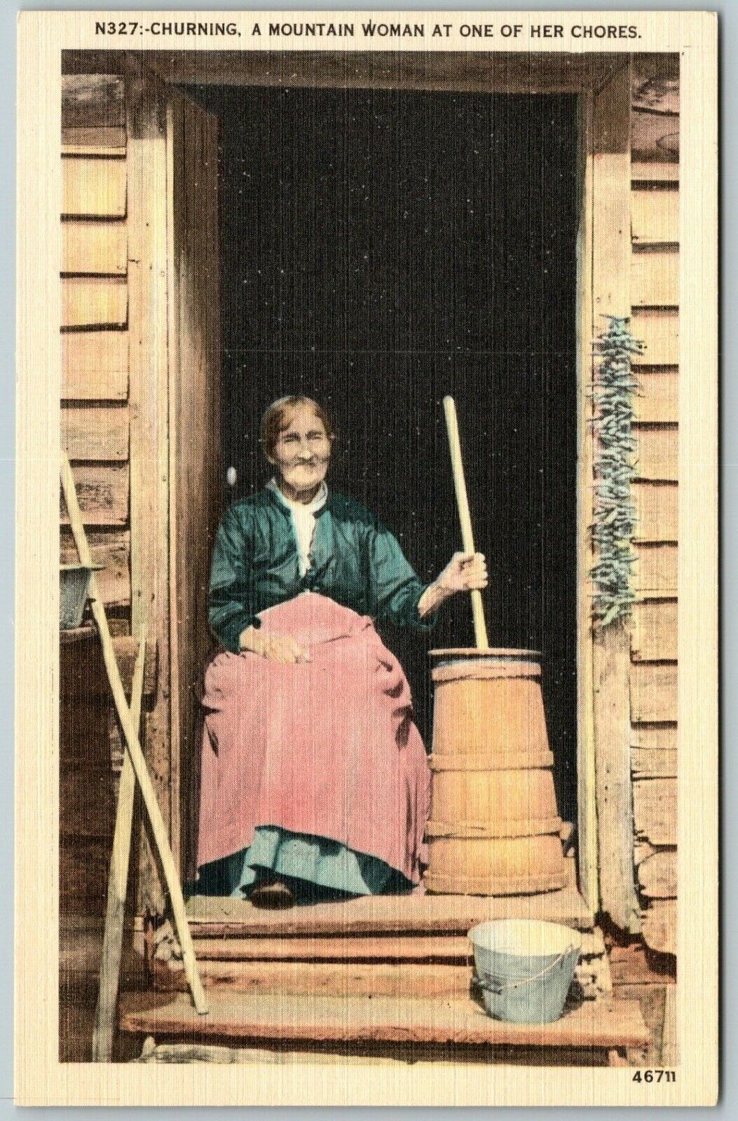 Churning, A Mountain Woman At One of Her Chores - Postcard