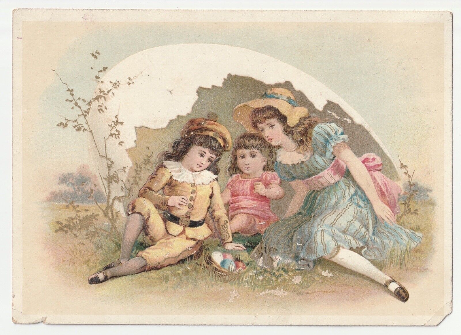 c1880s~Children In Giant Egg~Embossed~Easter~ Holiday Victorian Trade Card