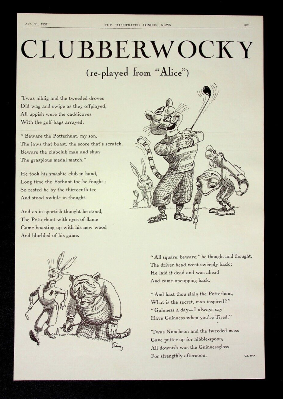 1937 Print Ad, Guinness Golf Advert, Clubberwocky, Re-played from Alice, Poem