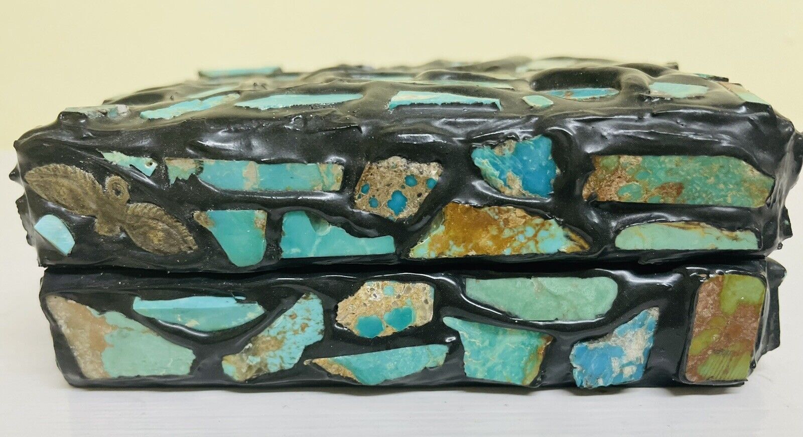 Vtg OOAK Small Black 4.5” Box with 80+ Mounted Turquoise Stones & 5 Tin Charms
