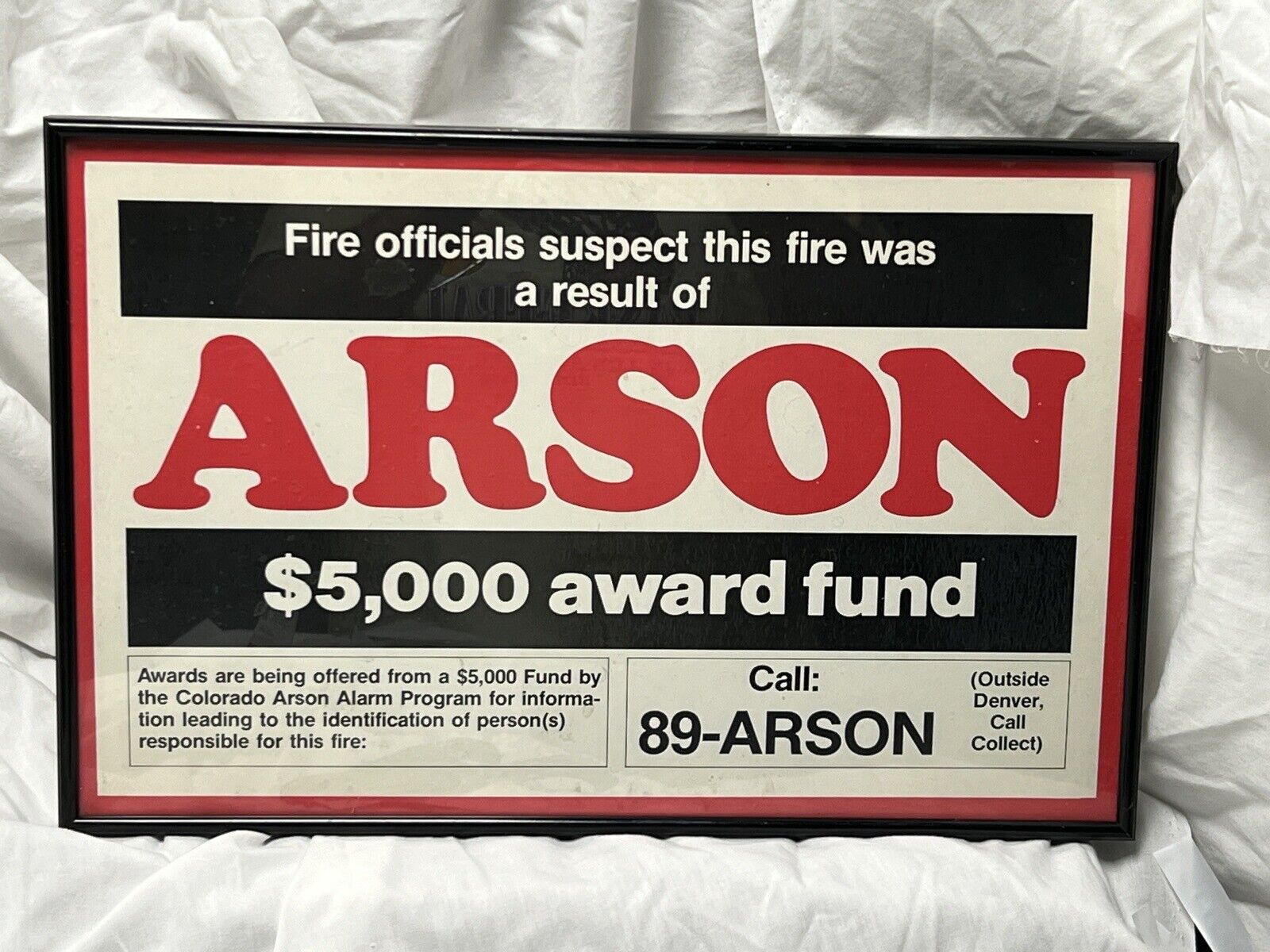 Vintage Denver Arson Reward Sign Framed Mint Condition Rare Free Fast Shipping