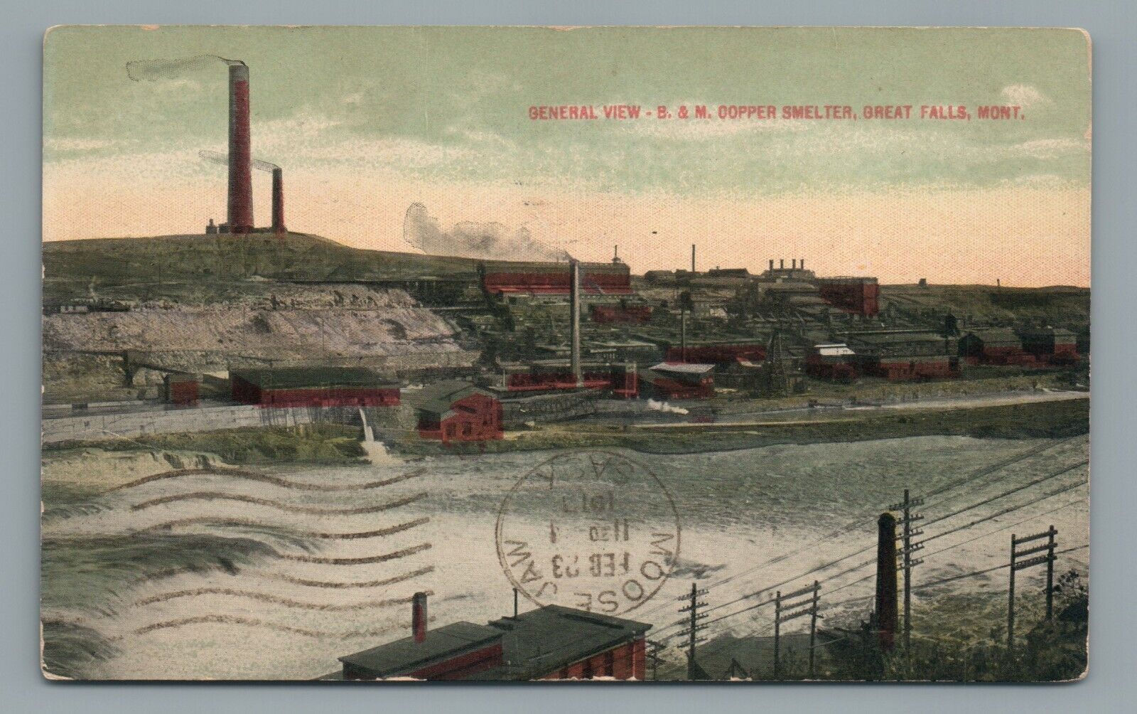 B&M Copper Smelter Great Falls Montana MT  Vintage Postcard Posted 1913