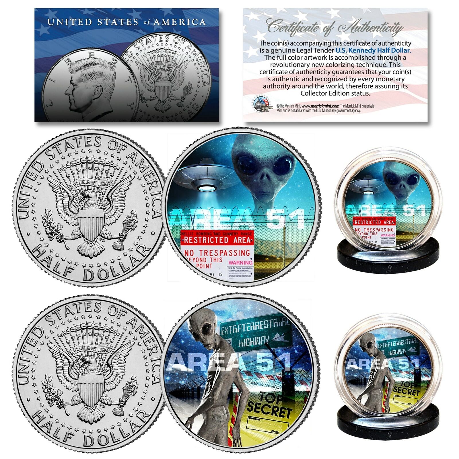 AREA 51 ALIEN UFO United States Air Force Nevada Space Ship U.S. JFK 2-Coin Set