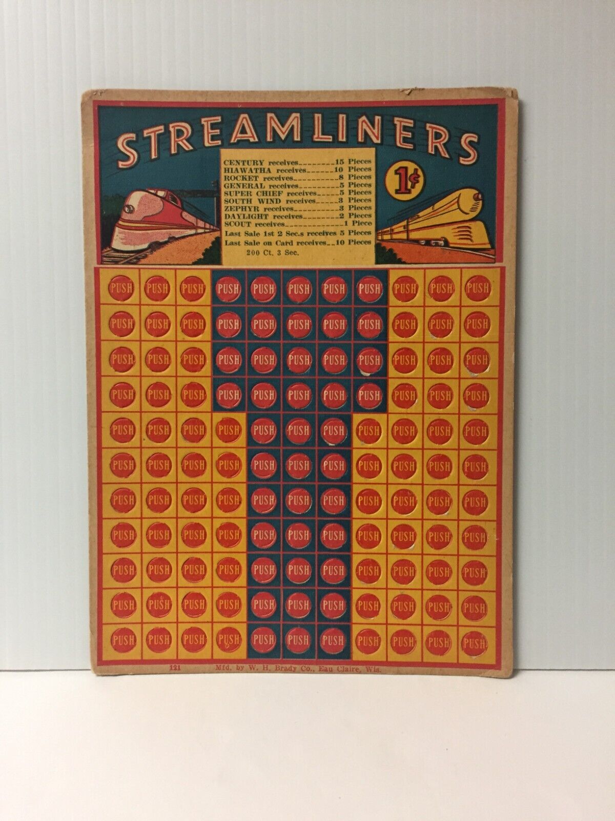 Vintage 1930\'s Streamliners Train Punch Card W.H. Brady Co. 1 Cent -- \