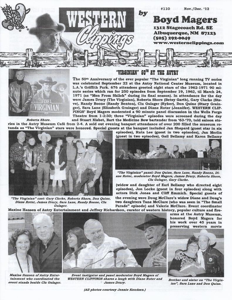 2012 Nov/Dec #110 Western Clippings-B Western Movie Fanzine-Virginian 50th